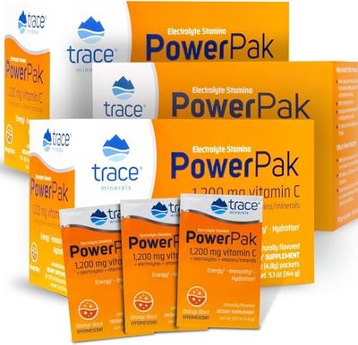Trace Minerals Power Pak Electrolyte Powder Packets 1200 mg Vitamin C, Zinc, Magnesium Boost Immunity, Hydration and Natural Energy Orange Blast 90 Packets