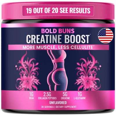 Bold Buns Creatine for Women Booty Gain Cellulite Reduction Powder Supplement Bloating Free, No Filler, Vegan, Made in USA (Unflavored, 30 Servings) - 292.5g Lid Color May Vary
