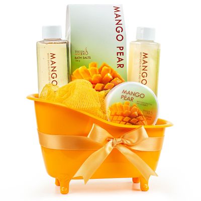 Freida and Joe Tropical Mango Pear Fragrance Spa Set for Women - Bath Body Set in Stylish Orange Tub - Gift Ready with Shower Gel, Body Lotion, Bubble Bath, Bath Salts, and Bath Puff