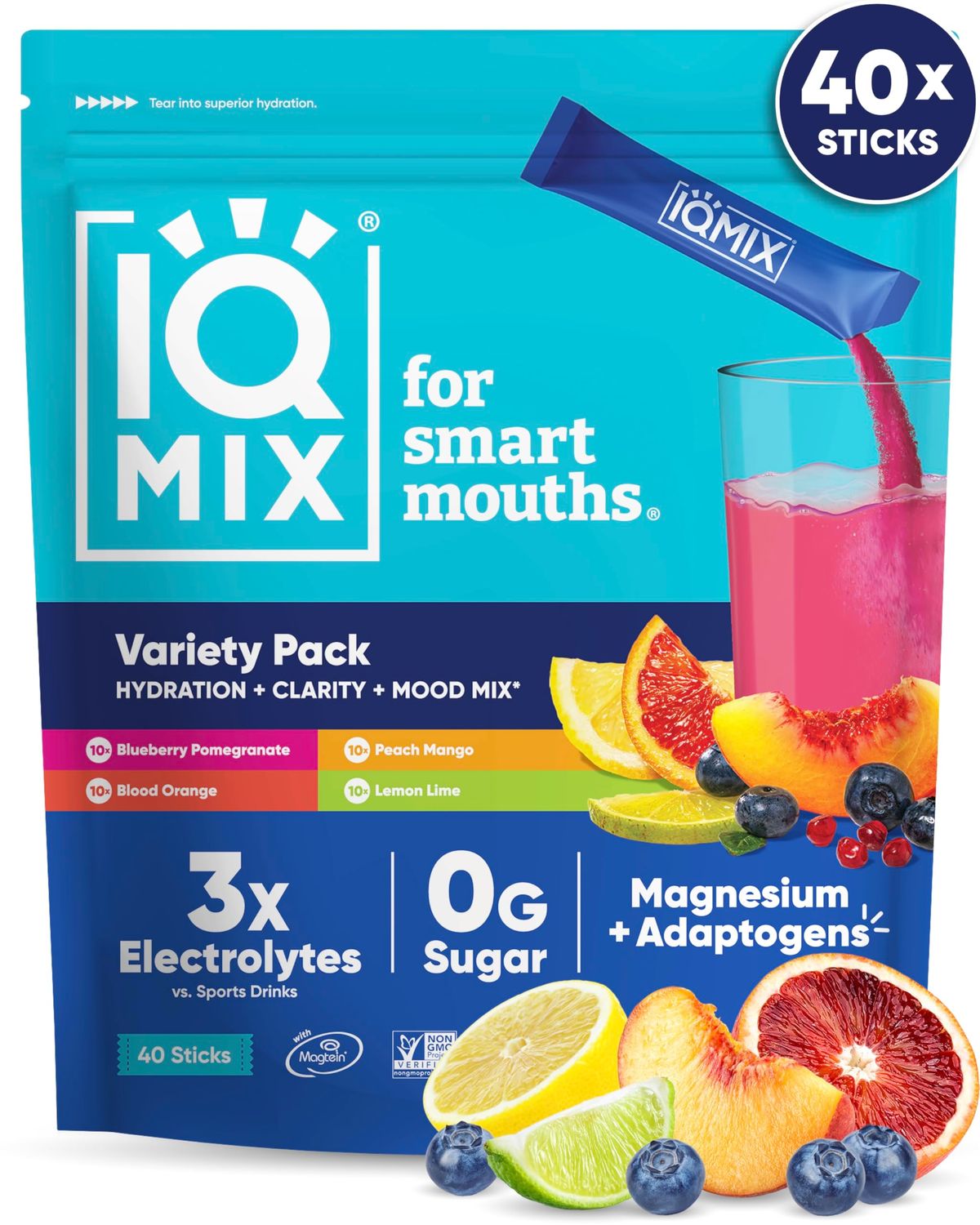 IQMIX Hydration Electrolytes Powder - Sugar-Free Drink Mix Packets - Rehydration and Recovery - Keto-Friendly with Magnesium L-Threonate, Lion&#39;s Mane, Potassium Citrate - Variety Pack (40 Count)
