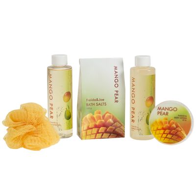 Freida and Joe Tropical Mango Pear Fragrance Spa Set for Women - Bath Body Set in Stylish Orange Tub - Gift Ready with Shower Gel, Body Lotion, Bubble Bath, Bath Salts, and Bath Puff
