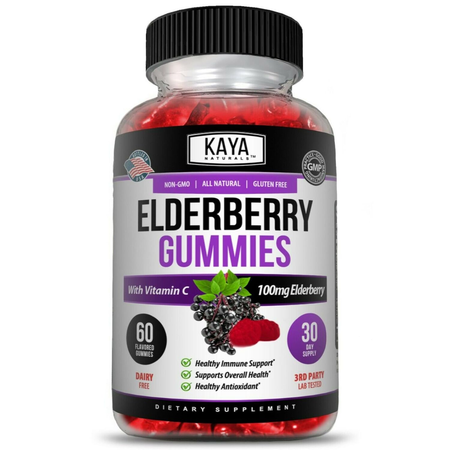 Kaya Naturals Immune Support - Powerful Immune Healthy Antioxidant Vitamin Supplement Booster with Vitamin A, C, D E, Elderberry, Zinc, Electrolytes, Non-GMO, Lemon Flavor (60 Gummies)