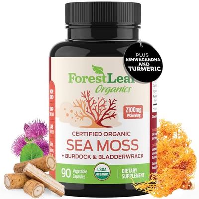 ForestLeaf Organic Irish Sea Moss Capsules 2100mg Raw Seamoss Pills Advanced Supplement Superfood Burdock, Bladderwrack for Digestive, Respiratory, Immune Health 90 Vegan Organic Sea Moss Caps