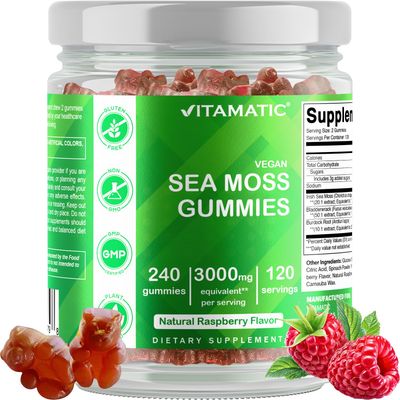 Vitamatic Irish Sea Moss Gummies mg - 240 Vegan Gummies - Made with Bladderwrack Burdock Root - Seamoss Supplement - Gluten Free Non-GMO