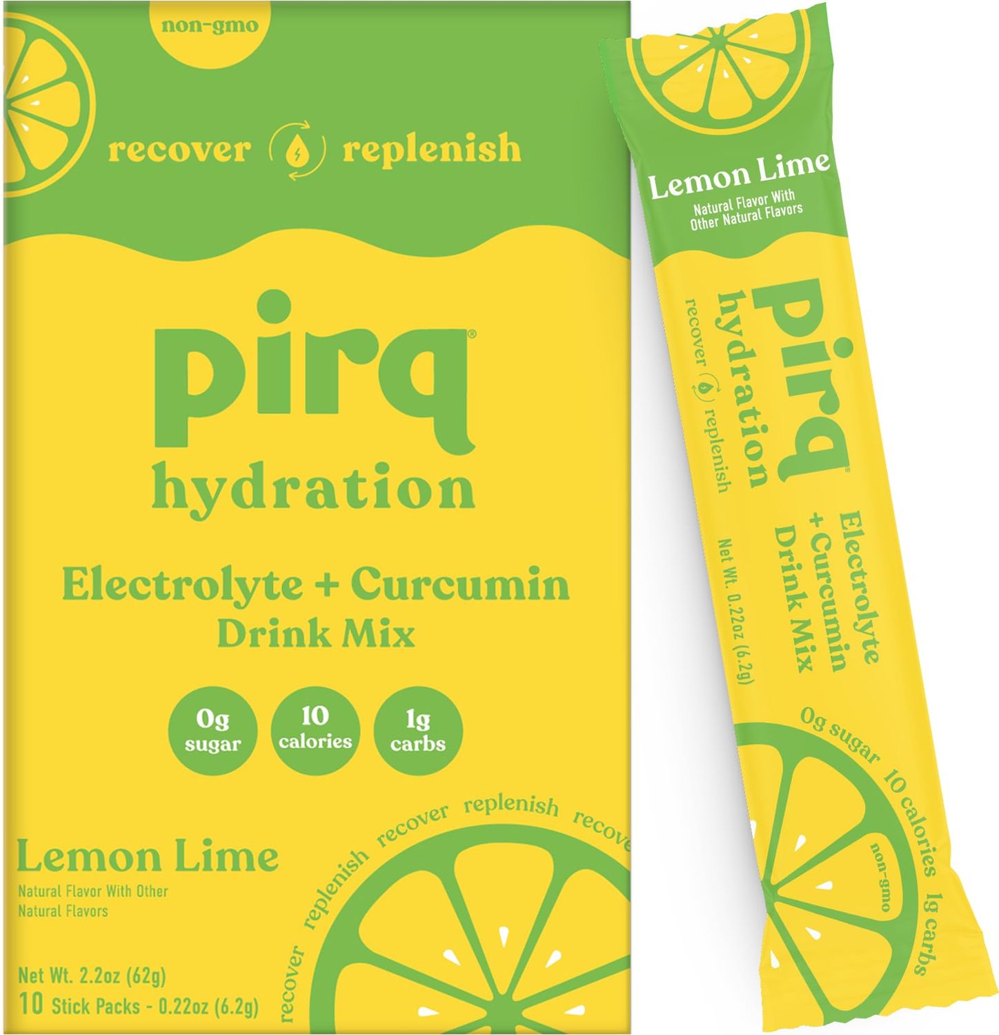 Pirq Hydration - Lemon Lime - Hydration Powder Packets Electrolyte Drink Mix Curcumin B Vitamins Zero Sugar Keto Friendly 10 Sticks