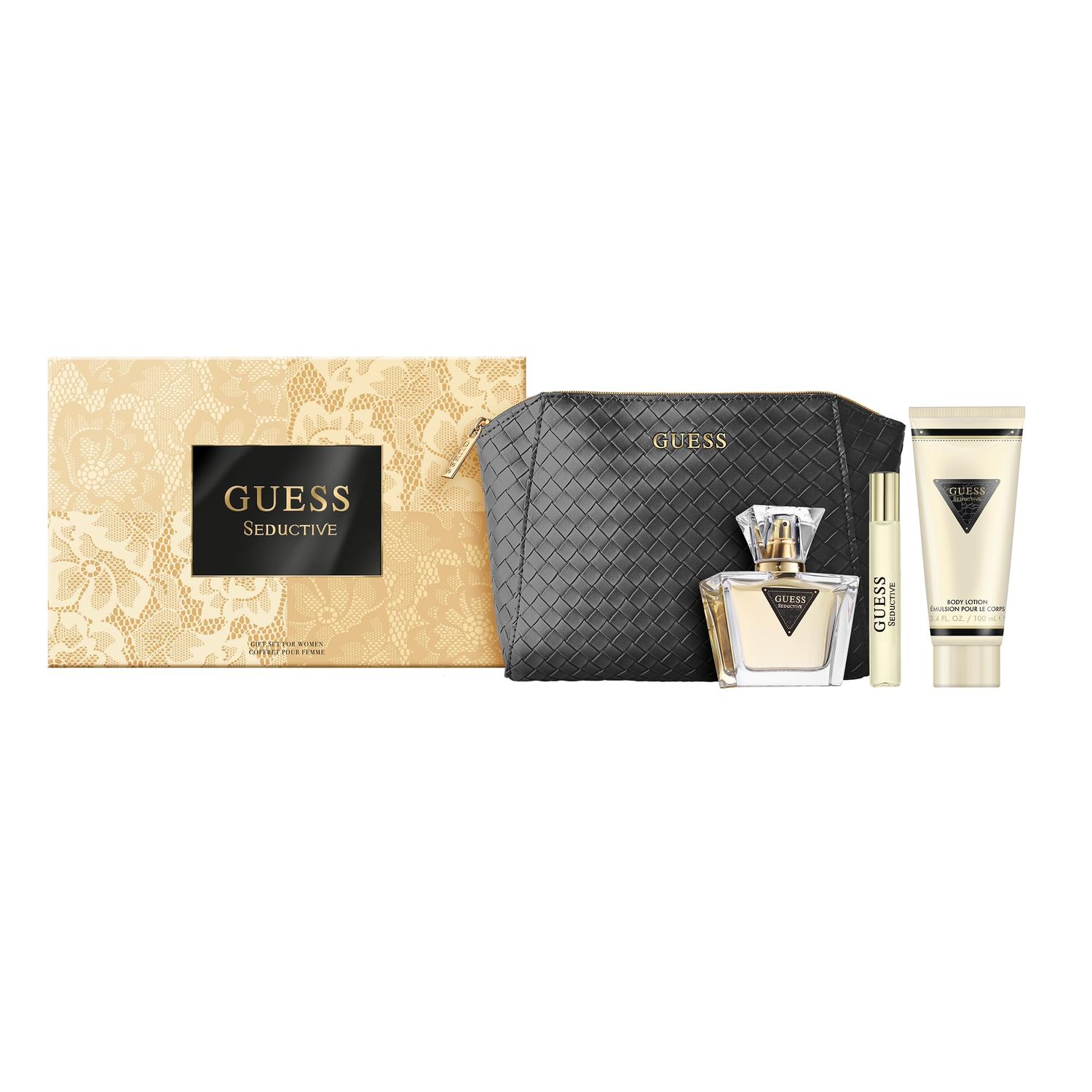 GUESS Seductive Women Eau de Toilette 4 Piece Gift Set - Perfume Spray 2.5 Fl. Oz., Travel Size Perfume Spray 0.5 Fl. Oz., 3.4 Fl. Oz. Body Lotion, Pouch