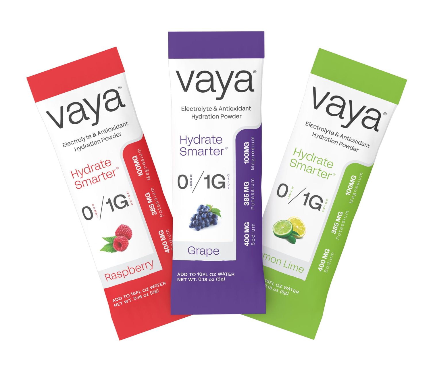 Vaya Zero Sugar Premium Hydration Electrolyte Powder Variety Pack 15 Stick Packs 1G Carbs, 1,500MG Electrolytes, Vitamin C Antioxidants 3 Flavors Raspberry, Grape Lemon Lime