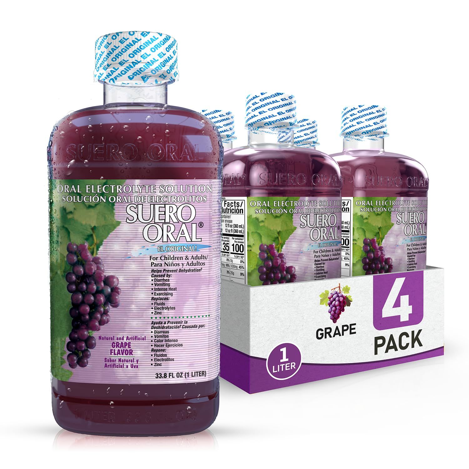 Suero Oral Electrolyte Solution - Electrolytes Drink, Hydration Booster Rehydration Drink for Kids Adults, Hydrates, Replenishes, Energizes, Grape Flavor, 1 Liter (4 Pack)