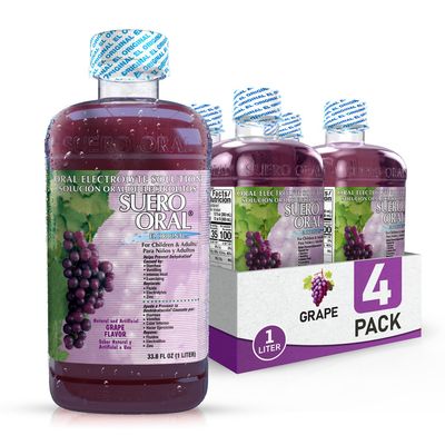 Suero Oral Electrolyte Solution - Electrolytes Drink, Hydration Booster Rehydration Drink for Kids Adults, Hydrates, Replenishes, Energizes, Grape Flavor, 1 Liter (4 Pack)