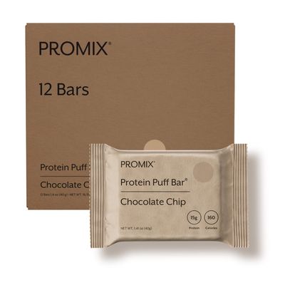ProMix Nutrition Protein Puff Bars, 12-Pack - Chocolate Chip - Marshmallow Crispy Treat - Great Tasting Healthy On The Go Snack - High Protein Low Calorie - Non-GMO Free From Gluten, Soy, Corn