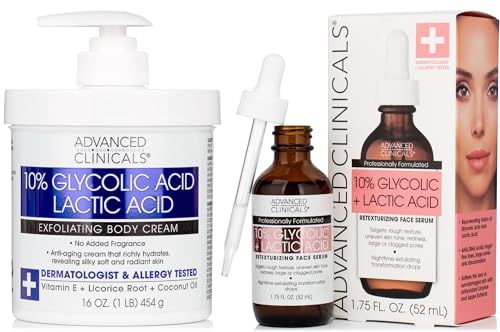 Advanced Clinicals 10 Glycolic Acid Lactic Acid Body Lotion Moisturizer Glycolic Acid Face Serum 2pc Skin Care Bundle Exfoliating KP Bump Eraser Body Cream Keratosis Pilaris Fragrance Free