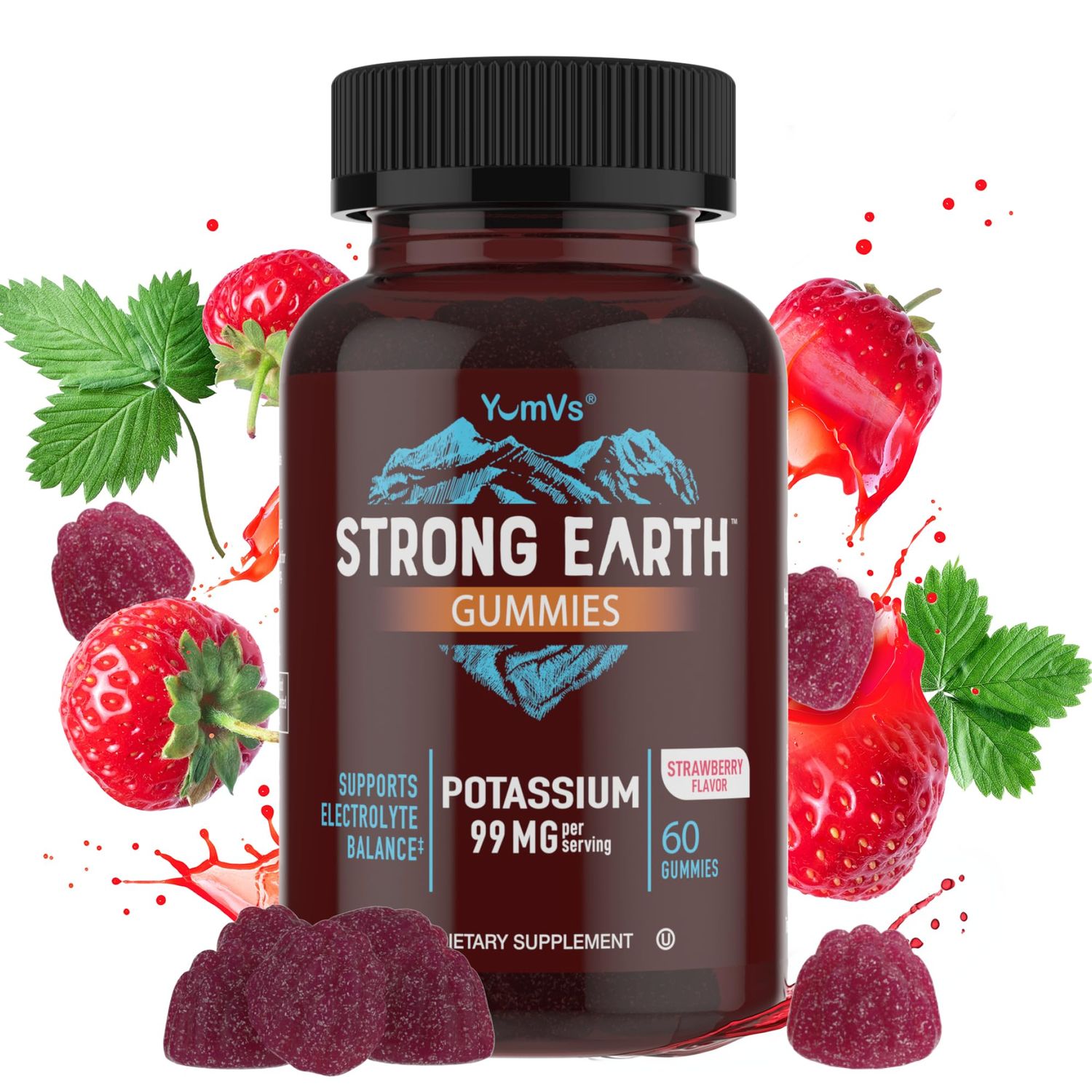 YumVs Potassium Supplement Gummies - Strawberry Flavor - 99 mg (as Potassium Citrate) per Serving - Supports Electrolyte Balance - Vegetarian Kosher Halal Gluten Free Pure Potassium Gummies (60 Count)