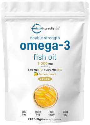 Omega 3 Fish Oil Supplements 3,000mg Per Serving, 240 Softgels Lemon Flavored - Burpless EPA 540mg DHA 360mg Heart Brain Support Deep Sea Fish