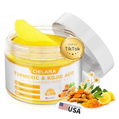 CIELARA Turmeric Kojic Acid Cleansing Pads for Dark Spots Remover for Face, Lemon Turmeric Pads with Vitamin C E, Deep Clean Pores, Hydrate Plump Skin Exfoliating with Kojic Acid 50 Count