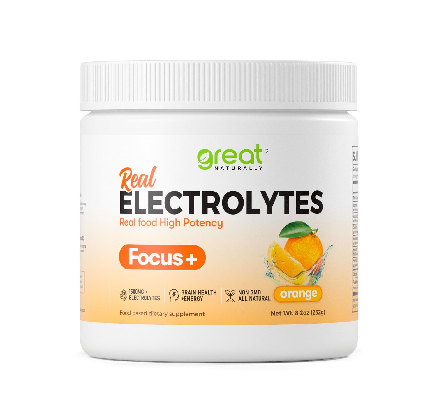 Great Naturally Focus Orange Nootropic Electrolyte Hydration Brain Support for Cognitive Enhancement, Memory, Concentration - Citicoline, Organic Caffeine, Methyl B12 - Made in USA