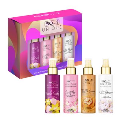 So? Unique Body Mist Set - Perfumes for Women - Body Spray for Women - Vegan, Cruelty Free - Travel Size Gift Set - 650 to 1000 Sprays - 4 pcs