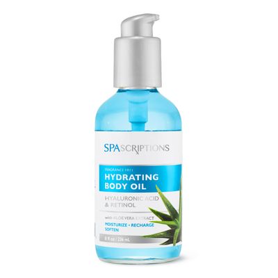 SpaScriptions Fragrance Free Hydrating Body Oil with Hyaluronic Acid Retinol, Cruelty-Free, Nourishing, Spa-Like Treatment with Aloe Vera Extract to Moisturize Recharge Soften, 8 oz.