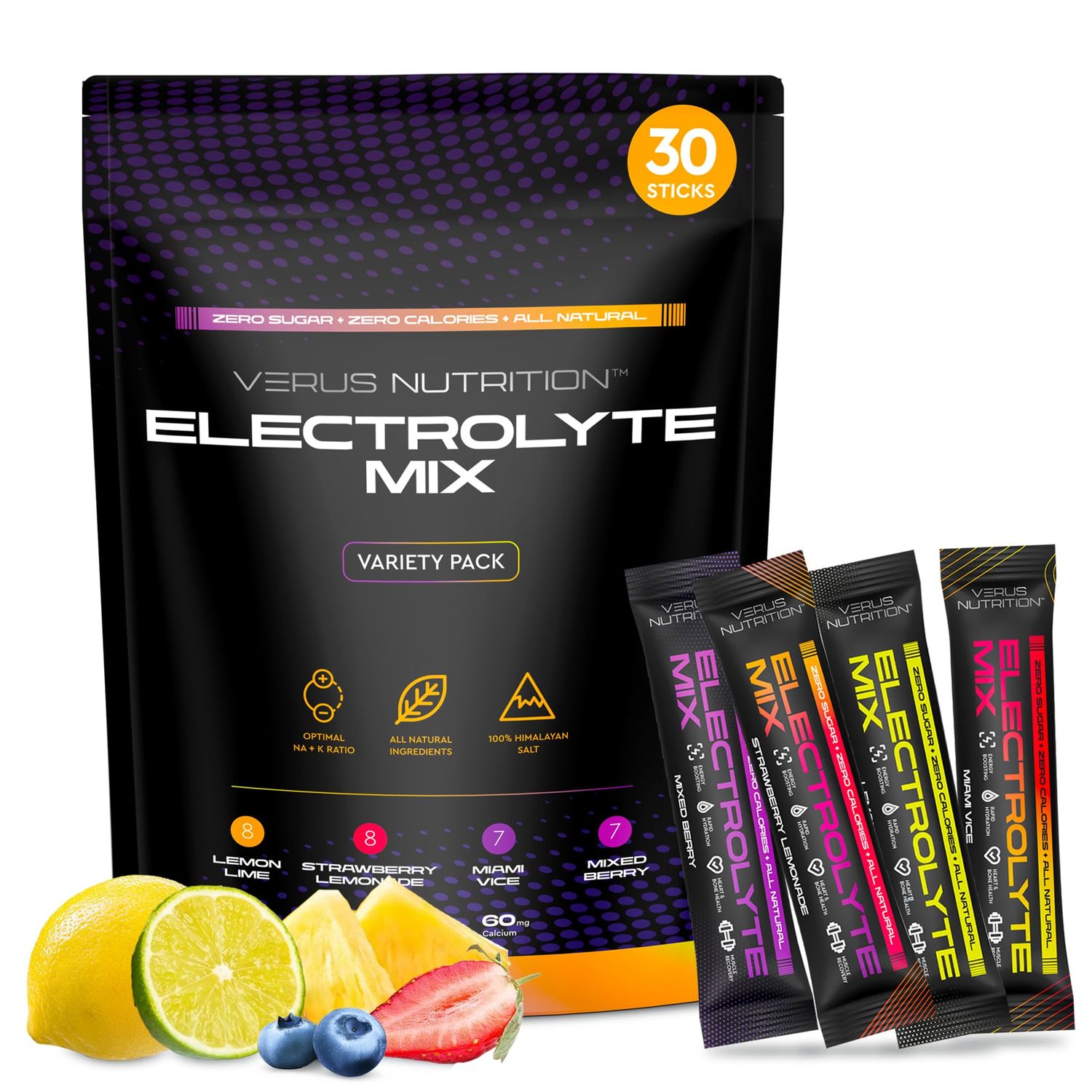 VERUS NUTRITION Electrolytes Hydration Sticks No Sugar - Zero Calorie Variety Pack Sugar Free Electrolytes for Keto Vegan Natural Ingredients Electrolyte Mix for Energy Boost, 30 Servings