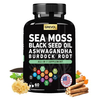 Sea Moss Black Seed Oil Ashwagandha Bladderwrack Burdock Root Turmeric Vitamin C D3 Elderberry ACV Black Pepper - Multimineral Supplement - 60 Count