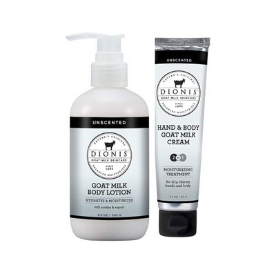 Dionis Goat Milk Skincare Unscented 8.5oz Hydrating Body Lotion 3.3oz Hand Body Nourishing Travel Size Cream Fragrance Free Bundle, Natural Ingredients, Made in the USA, Cruelty Free, Paraben Free