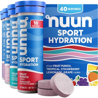 Nuun Sport Electrolyte Tablets with Magnesium, Calcium, Potassium, Chloride Sodium, Gluten Free Vegan, Mixed Flavors, 4 Pack (40 Servings Total)