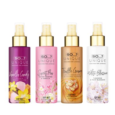 So? Unique Body Mist Set - Perfumes for Women - Body Spray for Women - Vegan, Cruelty Free - Travel Size Gift Set - 650 to 1000 Sprays - 4 pcs