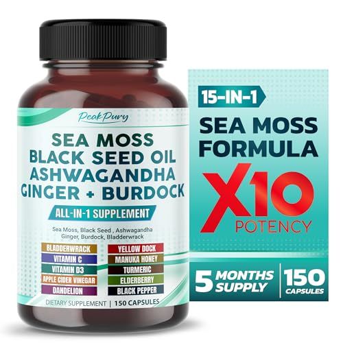 PEAKPURY Sea Moss Black Seed Oil Ashwagandha Ginger Burdock Bladderwrack - Immunity Support - Made in USA