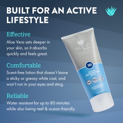Aloe Up Sport Sunscreen Lotion SPF 30 - Broad Spectrum UVAUVB Sunscreen Protector for Face and Body - With Hydrating Aloe Vera Gel - Non-Greasy No White Cast Reef Safe Fragrance-Free - 6 Oz.