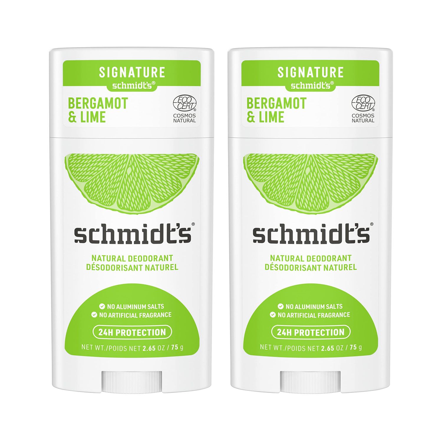 Schmidt&#39;s Aluminum Free Natural Deodorant For Women And Men, Bergamot Lime With 24 Hour Odor Protection, Certified Cruelty Free, Vegan Deodorant, 2.65oz 2 Pack