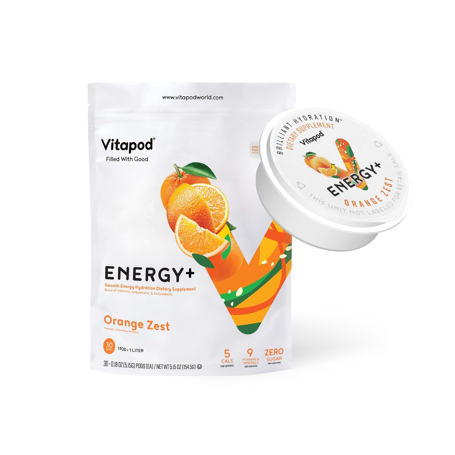 Vitapod Energy Orange Zest - Healthy Caffeine Energy Drink Mix - 30 Pods - Electrolytes, Antioxidants, Vitamin D, A, E, C - Water Enhancer