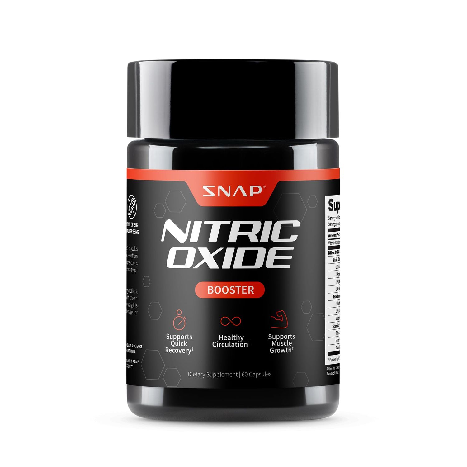 Snap Supplements Nitric Oxide Booster Supplement with L Arginine and L Citrulline Essential Amino Acids and Ginseng Root, Energy, Heart Health, Muscle Growth Circulation Support, 60 Capsules