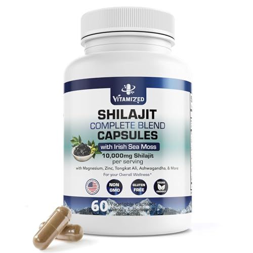 Pure Himalayan Shilajit for Men Women - Boost Stamina, Athleticism, Support Metabolism Energy 10,000mg Shilajit Ashwagandha Supplements Irish Sea Moss, Tongkat Ali, PQQ More - 60 Capsules