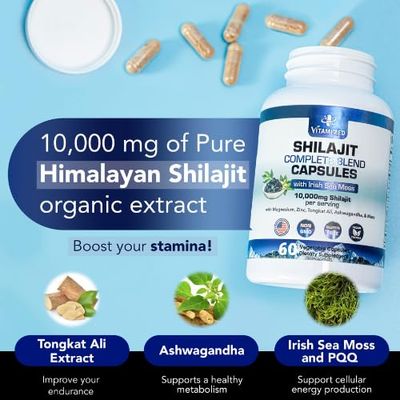 Pure Himalayan Shilajit for Men Women - Boost Stamina, Athleticism, Support Metabolism Energy 10,000mg Shilajit Ashwagandha Supplements Irish Sea Moss, Tongkat Ali, PQQ More - 60 Capsules