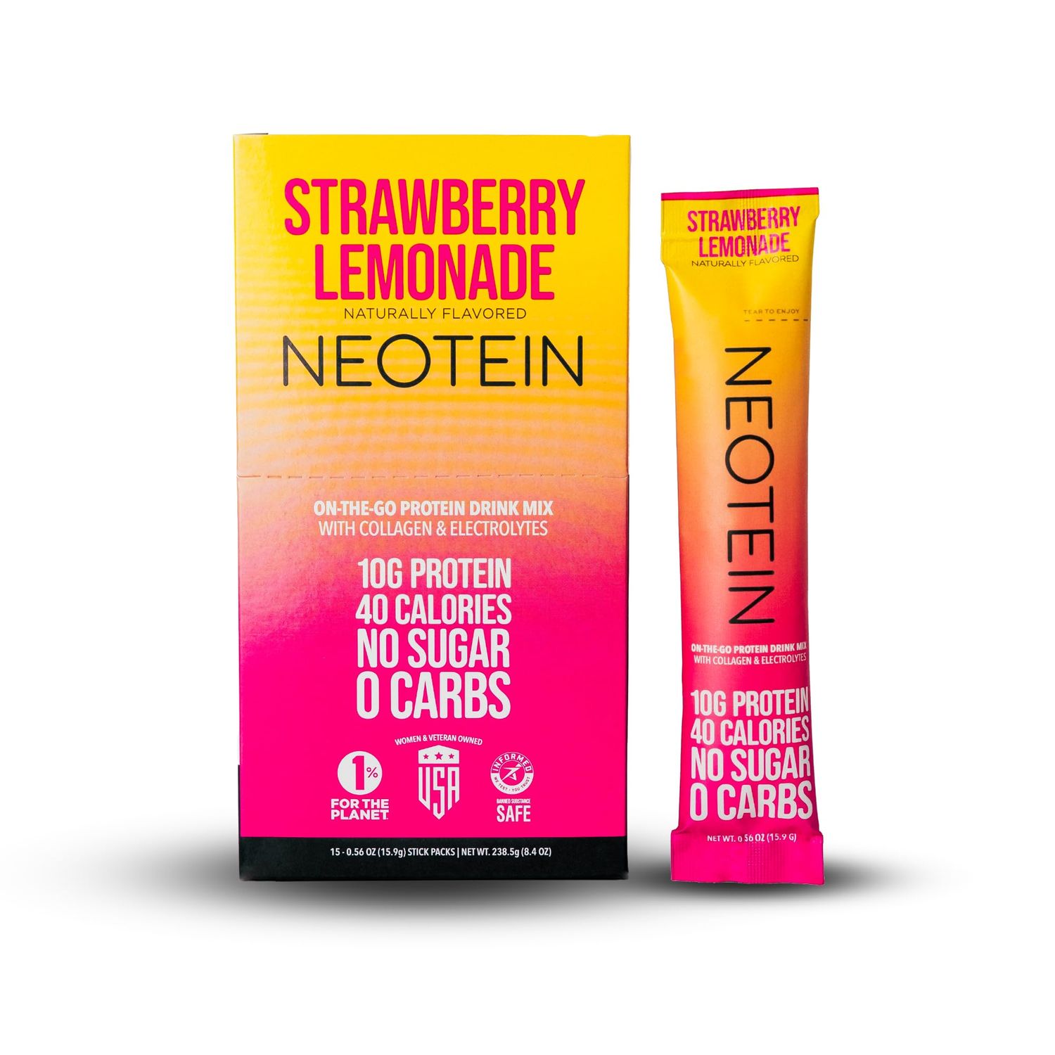 NEOTEIN Electrolyte Powder Packets with 10g Protein Collagen - Hydration Packets - Zero Sugar, NO Fillers, NO Carbs Strawberry Lemonade 40 Calories Keto Paleo Pack of 15