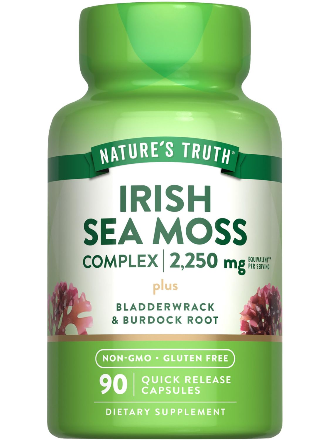 Nature&#39;s Truth Irish Sea Moss Capsules 2,250mg 90 Count Complex Formula with Bladderwrack Burdock Root Non-GMO Gluten Free Supplement
