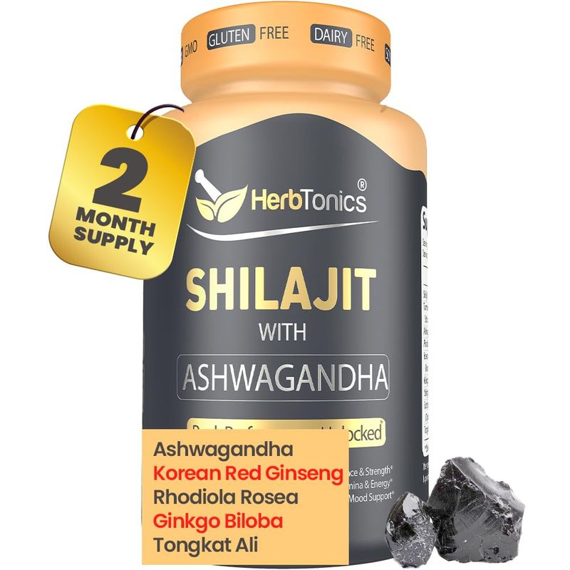 Herbtonics Shilajit for Men Women with Ashwagandha, Korean Red Ginseng, Rhodiola Rosea, Ginkgo Biloba, Tongkat Ali Fulvic Acid Trace Minerals for Stamina Immunity 60 Vegan Capsules