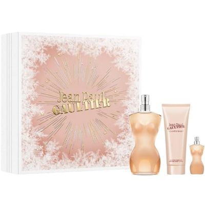 Jean Paul Gaultier Classique 3 Piece Set for Women (3.4 Ounce Eau De Toilette Spray 2.5 Ounce Body Lotion 0.2 Ounce Eau De Toilette Spray Mini)