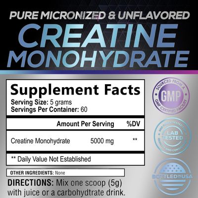 Pure Creatine Powder 5000mg (5g) - Pre Workout Micronized Creatine Monohydrate Unflavored, Keto Friendly - Creatine Supports Muscle Growth Strength, Vegan, Keto, Gluten-Free - 60 Servings