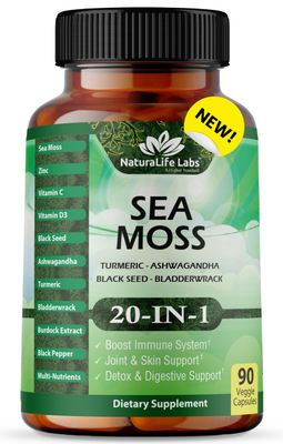 Sea Moss 6000mg - Black Seed Oil 2500mg - Bladderwrack 2000mg - Turmeric 1500mg Ashwagandha 1000mg - Burdock 1000mg - Vitamin C, D3, Yellow Dock Root, Manuka, Dandelion - 90 Veggie caps