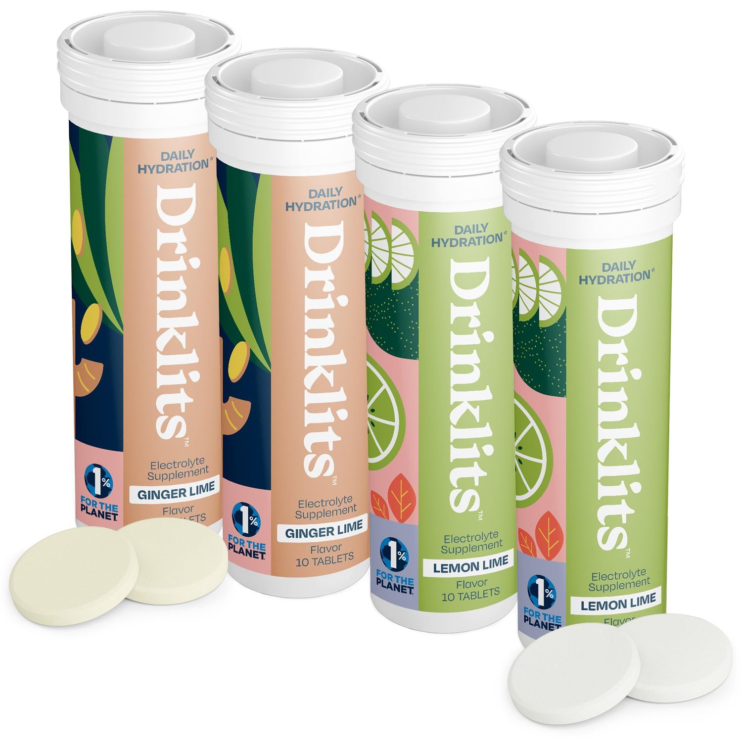 Drinklits Ginger-Lime Lemon-Lime Electrolyte Tablets (4) Tube Bundle Daily Hydration Combo Pack Great Taste - 0g Sugar - Natural Sports Drink 40 Servings - 10 Tablets Per Tube