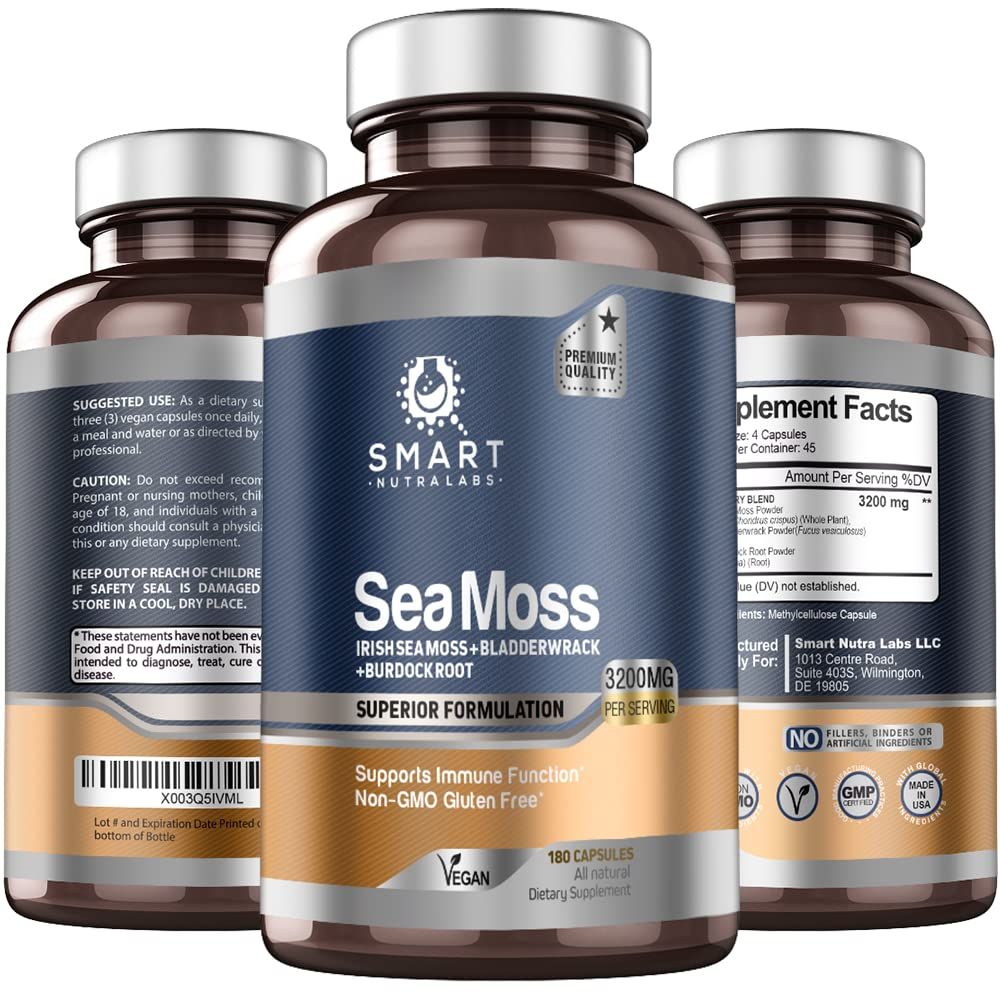 Smart Nutra Labs Organic Sea Moss 3200MG Per Serving- 180 Vegan Capsules- Irish Sea Moss, Bladderwrack and Burdock Root- Premium Quality Supplement for Immune Support and Overall Health
