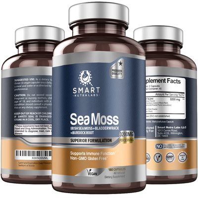 Smart Nutra Labs Organic Sea Moss 3200MG Per Serving- 180 Vegan Capsules- Irish Sea Moss, Bladderwrack and Burdock Root- Premium Quality Supplement for Immune Support and Overall Health