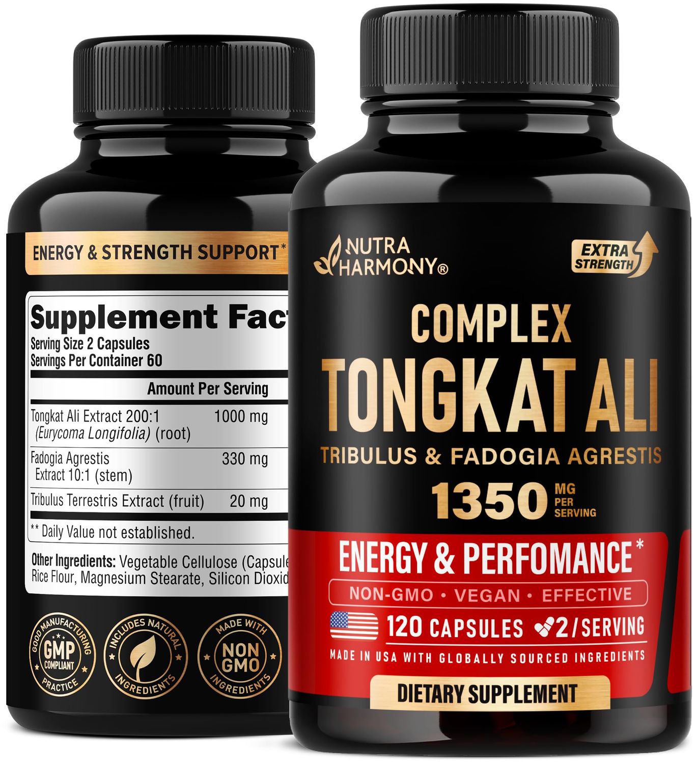 Tongkat Ali Men 1350mg Complex - Fadogia Agrestis Tribulus Terrestris - Energy, Strength Performance Support - Extra Strength 2001 Extract - 3rd Party Tested, Made in USA - 120 Capsules 2 Month
