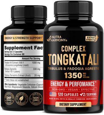Tongkat Ali Men 1350mg Complex - Fadogia Agrestis Tribulus Terrestris - Energy, Strength Performance Support - Extra Strength 2001 Extract - 3rd Party Tested, Made in USA - 120 Capsules 2 Month