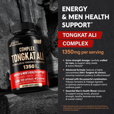 Tongkat Ali Men 1350mg Complex - Fadogia Agrestis Tribulus Terrestris - Energy, Strength Performance Support - Extra Strength 2001 Extract - 3rd Party Tested, Made in USA - 120 Capsules 2 Month