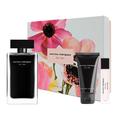 Narciso Rodriguez FOR HER Gift Set (Eau de Toilette 3.3 Fl.Oz Eau de Toilette Mini 0.33 Fl. Oz Body Locion 1.6 Fl. Oz)