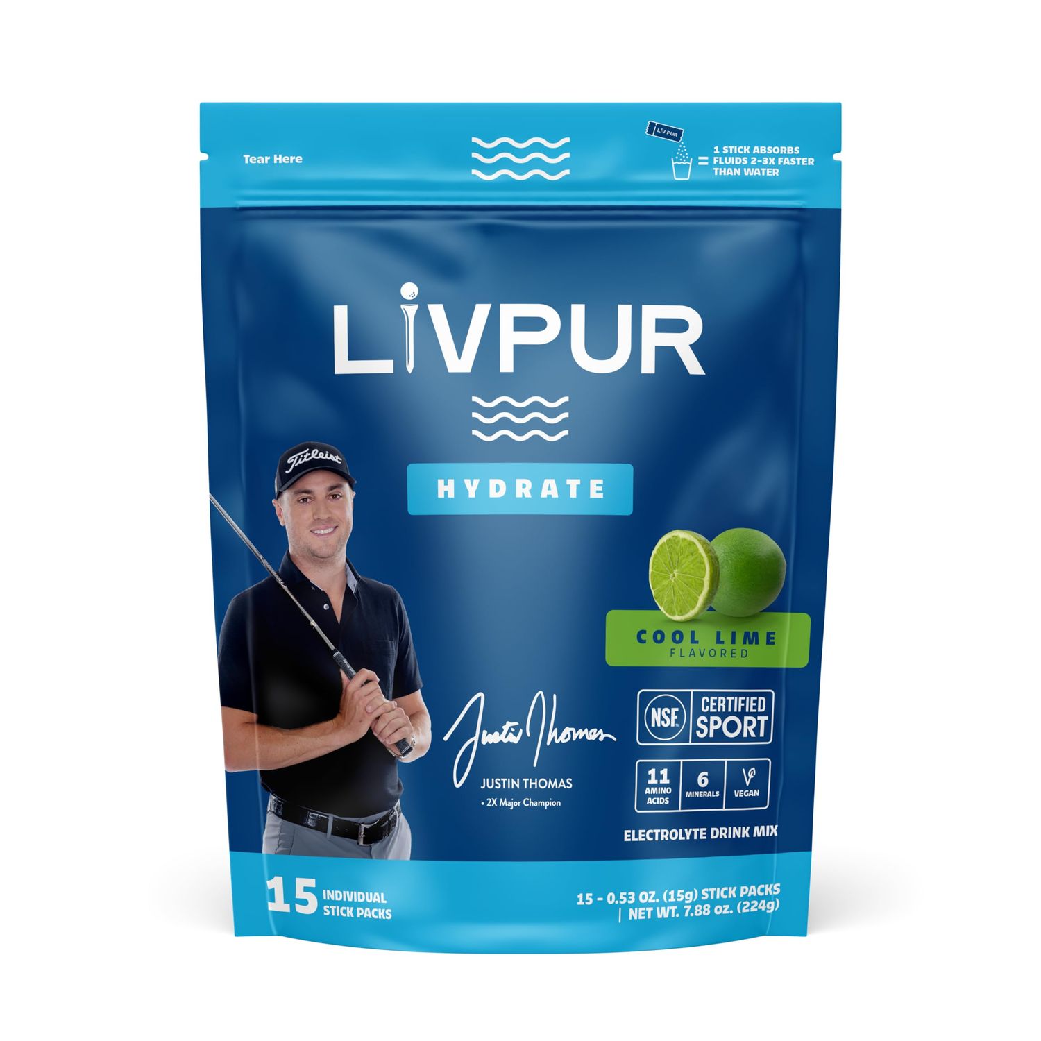 LivPur Nutrition Hydrate Hydration Powder wElectrolytes Essential Amino Acids Nutrients NSF Certified for Sport, No Artificial Flavors Easy Single-Serve Sticks Cool Lime, 15 Sticks