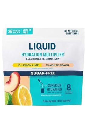Generic Liquid Hydration Multiplier Sugar Free Variety Pack 26 Pack White Peach, Lemon Lime Easy Open Single-Serving Sticks Non-GMO