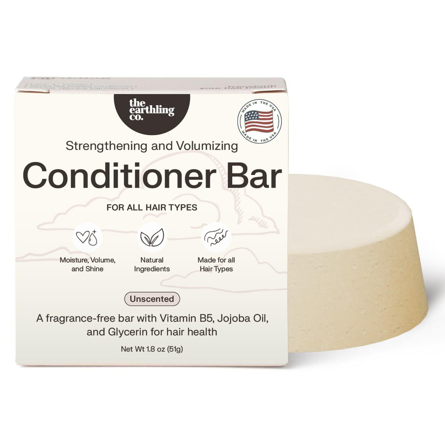 The Earthling Co. Conditioner Bar - Promote Hair Growth, Strengthen Moisturize All Hair Types - Paraben Sulfate Free Formula with Natural Ingredients for Dry Hair (Fragrance Free, 1.8 oz)