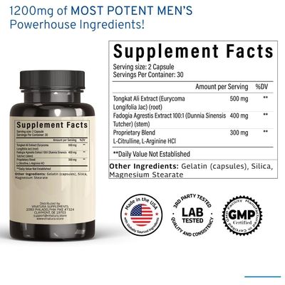 Tongkat Ali Fadogia Agrestis - 1200mg, Enhanced with Nitric Oxide Booster Supplement, Longjack Tongkat Ali for Men, USA Made and Tested, 60 Capsules